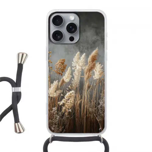 Gedroogde Veldbloemen - Grijs - Beton Hoesje iPhone 16 Pro Max met koord klein -3d
