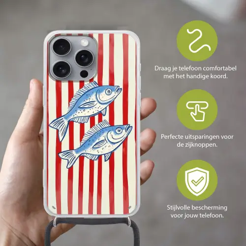 Vissen - Verticale strepen - Blauw - Rood Hoesje iPhone 16 Pro Max met koord klein -sfeer2_NL