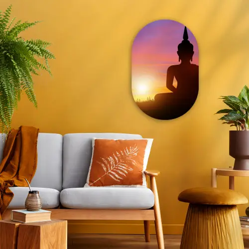 Zonsondergang - Horizon - Boeddha beeld - Buddha -  Silhouette Wandcirkel Ovaal Forex klein -sfeer4