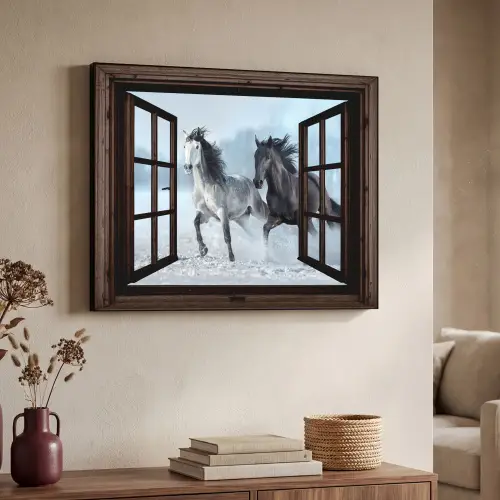 Paarden - Winter - Dieren - Natuur - Doorkijk Textielframe zwart klein -sfeer3
