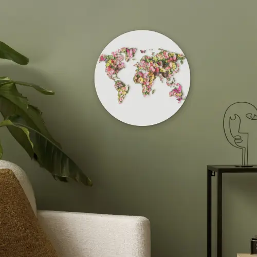 Wereldkaart - Bloemen - Felgekleurd Akoestische PET Vilt - Rond klein -sfeer2