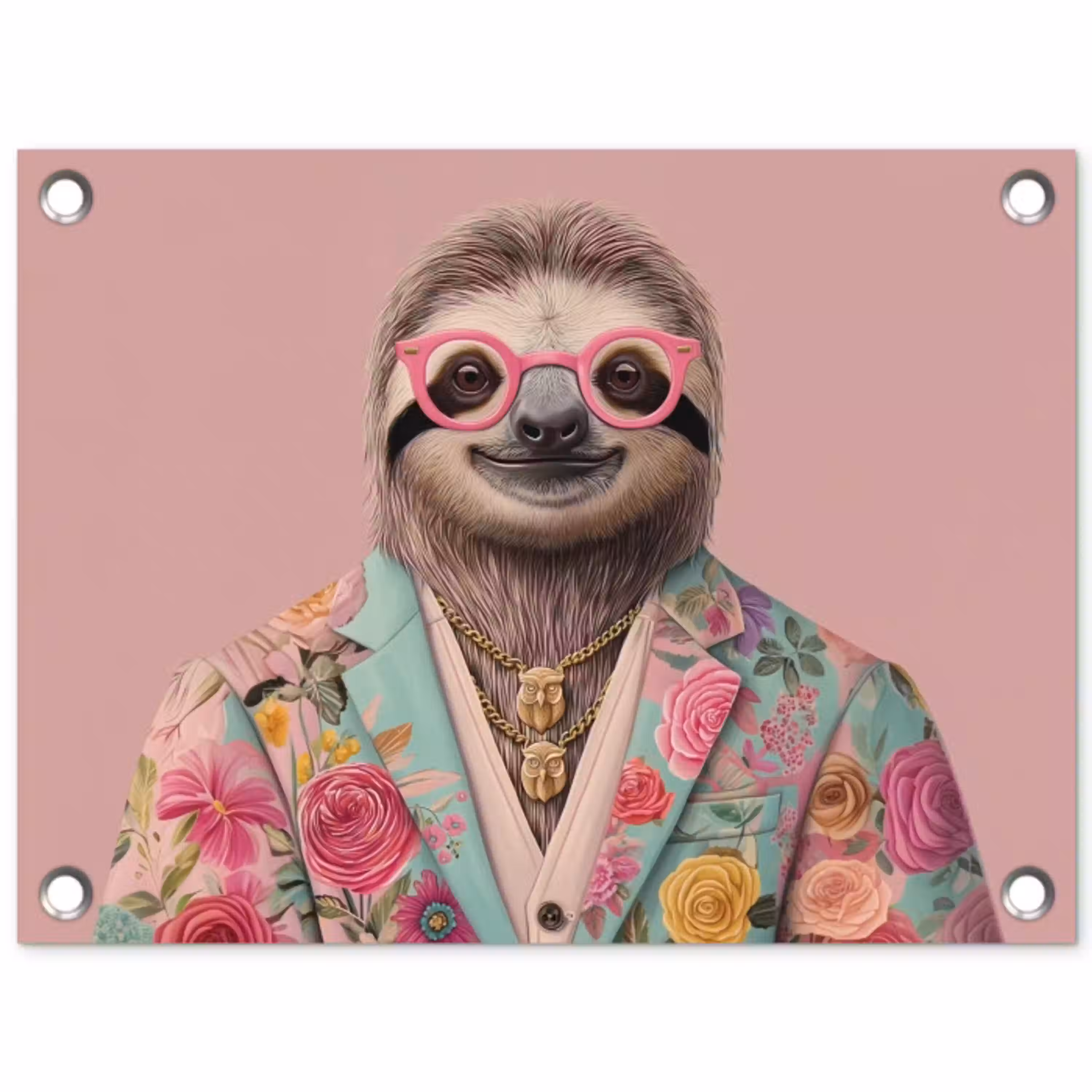 Luiaard - Bloemenprint - Bril - Roze tuinposter los doek klein -3d