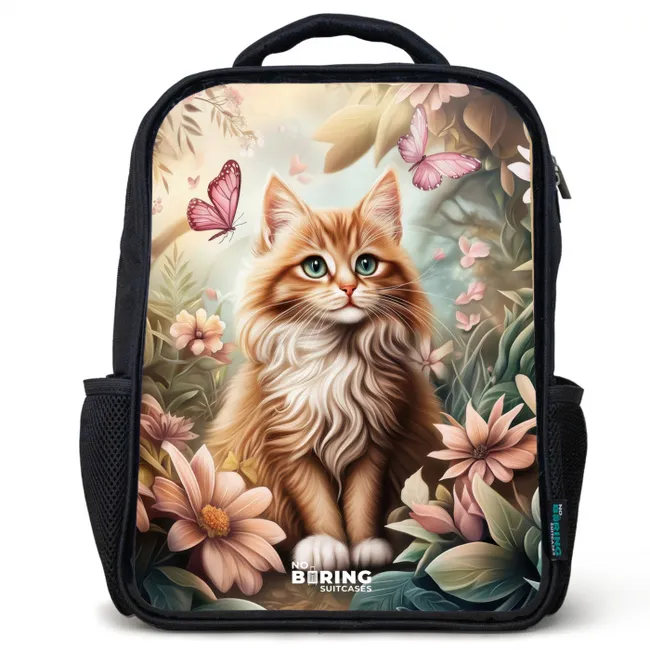 Kids' Backpacks Black -. Cat in field of flowers with pink butterflies.