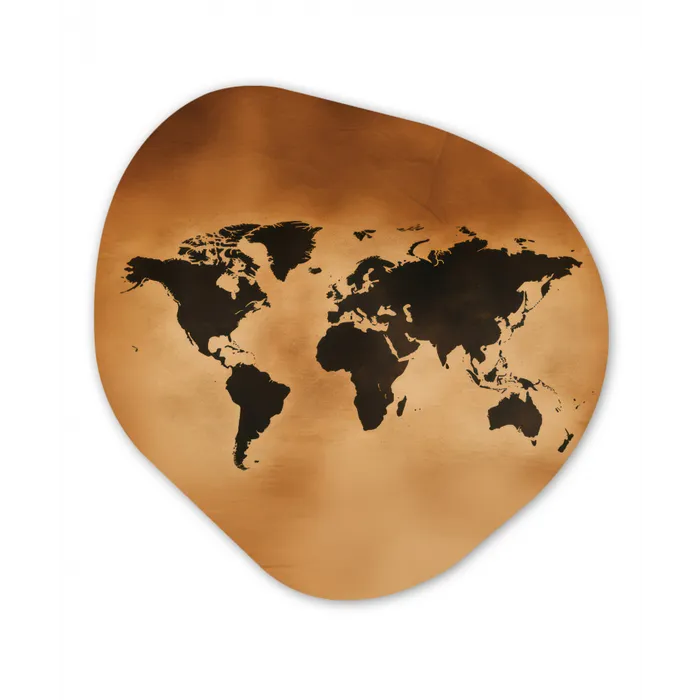 Wereldkaart - Bruin - Kaart Wandcirkel Organisch Aluminium middel -3d