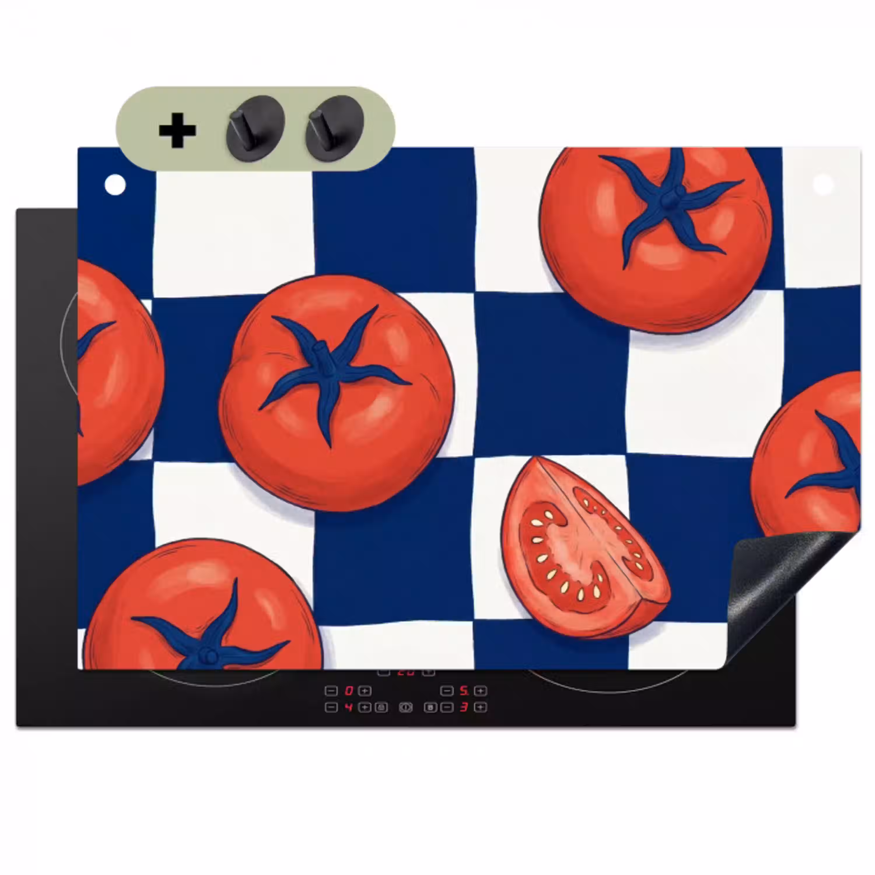 Eten - Tomaten - Keuken - Illustratie - Rood-Blauw Inductie beschemer met haakjes klein -3d
