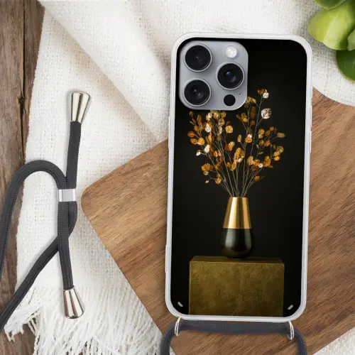 Goudbruine - Bladeren - Vaas - Herfstachtig Hoesje iPhone 16 Pro Max met koord klein -sfeer4