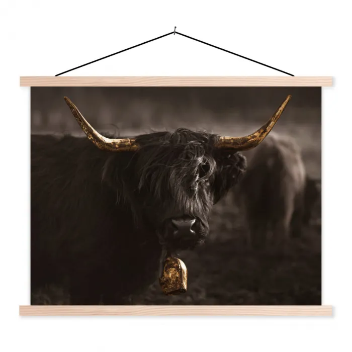 Schotse hooglander - Goud - Koebel - Hoorns - Dieren textielposter latten blank klein -3d