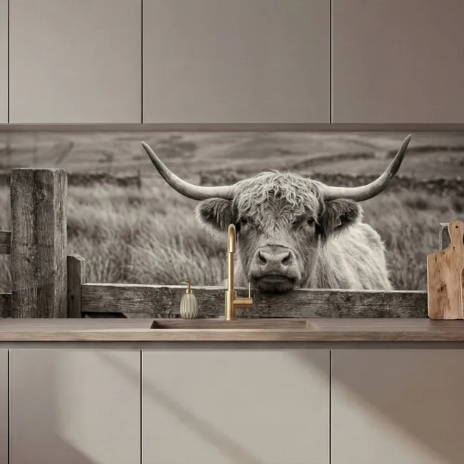 Küchen rückwand - Schottischer Highlander - Schwarz - Weiß - Holz