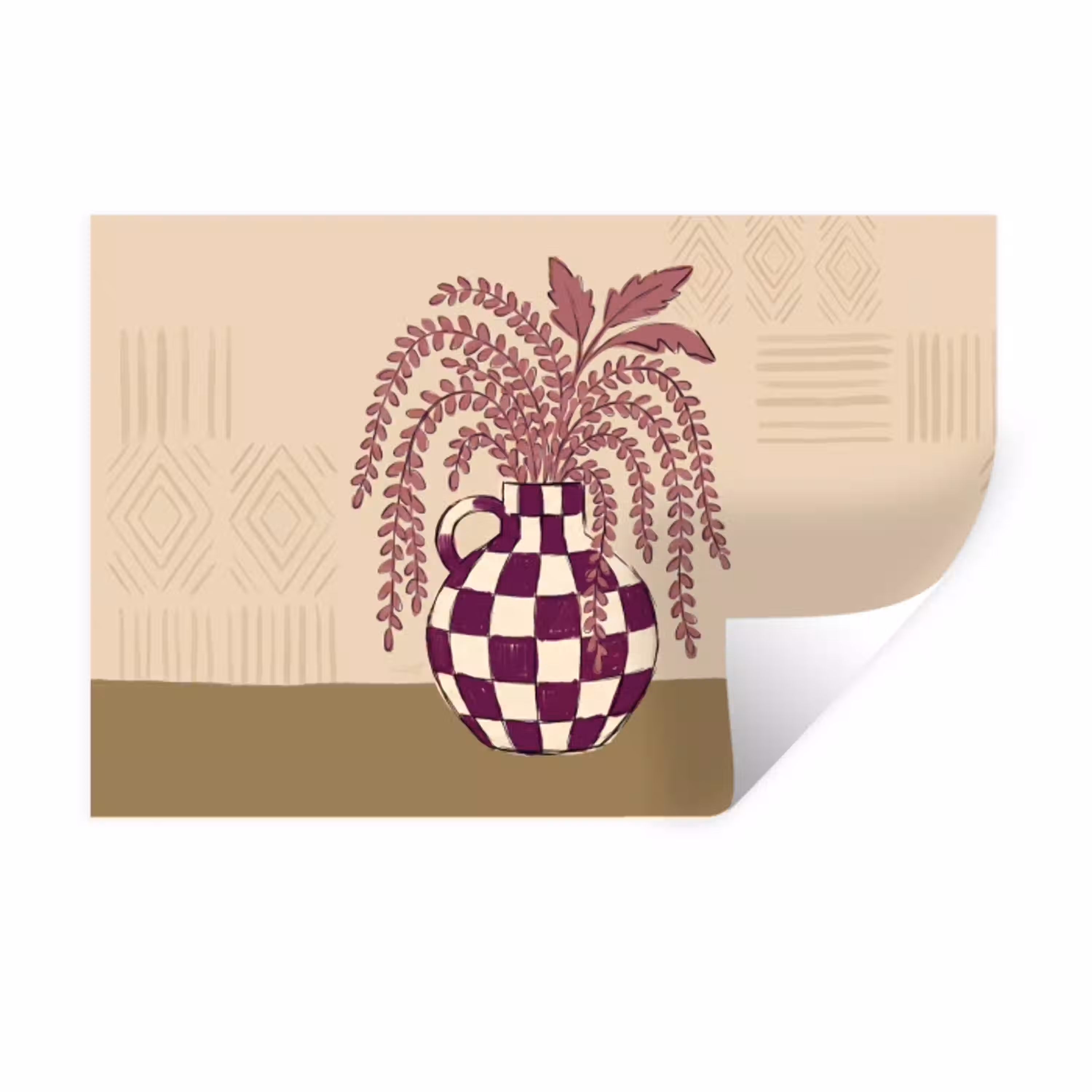 Vaas - Geruit - Planten - Modern - Paars Muursticker klein -3d