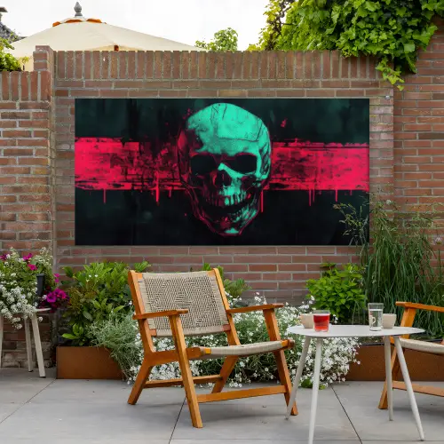 Schedel - Cyberpunk - Neon Rood Tuinposter op houten frame 2 cm dik xxl -sfeer3