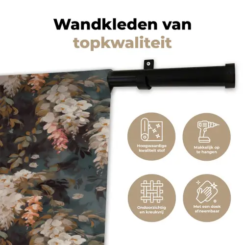 Bloemen - Bladeren - Donker - Patroon Wandkleed katoen klein 269 -sfeer2
