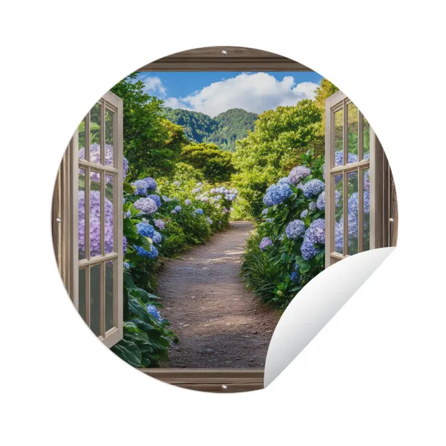 Doorkijk - Hortensia - Pad - Natuur Wandcirkel tuinposter met ringen klein -3d
