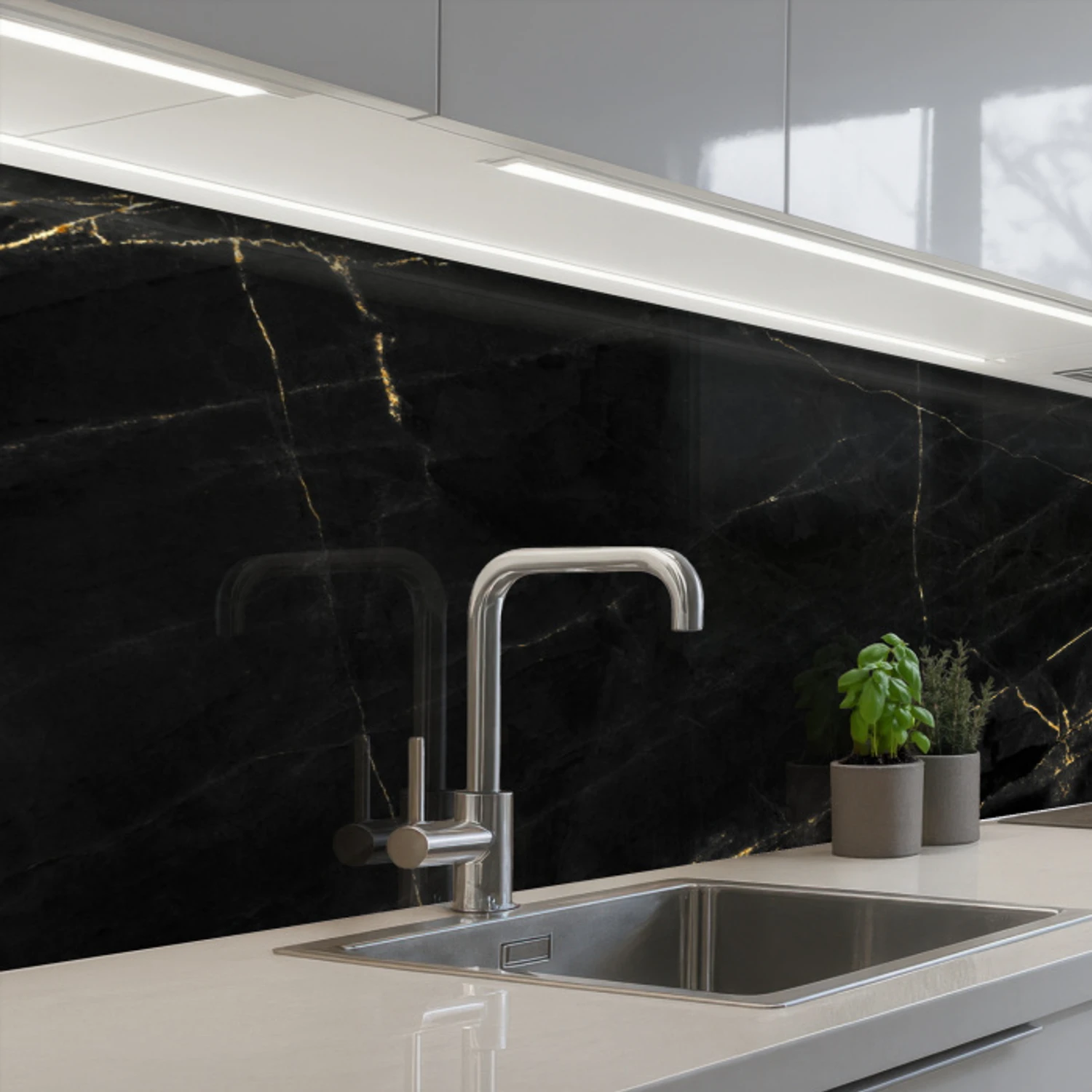 Marmer - Zwart - Goud - Chic - Marmerlook - Design keuken achterwand 2 middel -3d_schuin