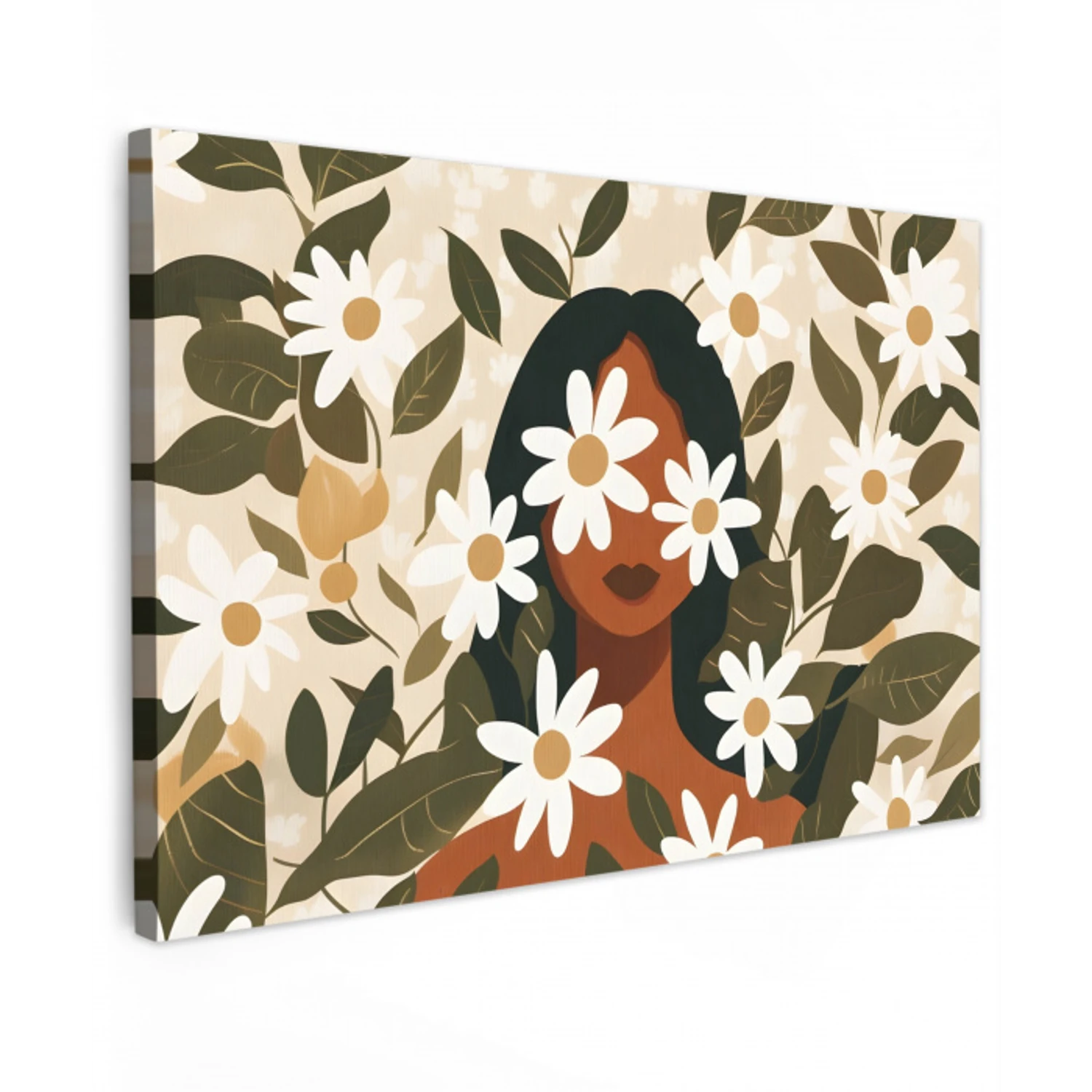 Illustratie - Vrouw - Madeliefjes - Wit Tuinposter op houten frame 2 cm dik klein -3d