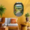 Doorkijk - Landschap - Natuur - Tuinboog - Bloemen Wandcirkel Ovaal Glas middel -sfeer4