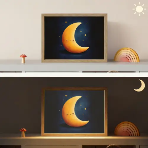 Maan - Geel - Sterren - Gezichtje Light Box met batterij (Wandlamp kind) middel -sfeer3_kind