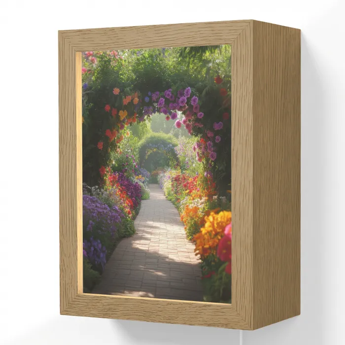 Doorkijk - Pad - Bloemen - Struik - Kleurrijk Light Box met kabel (Wandlamp) klein -3d