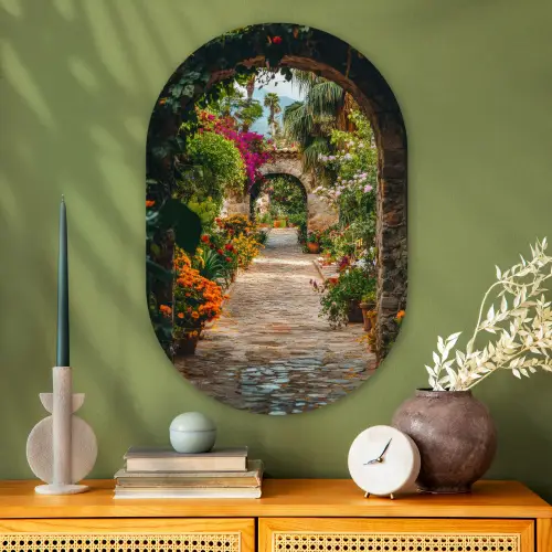 Doorkijk - Bloemen - Poort - Stenen Wandcirkel Ovaal Glas middel -sfeer2