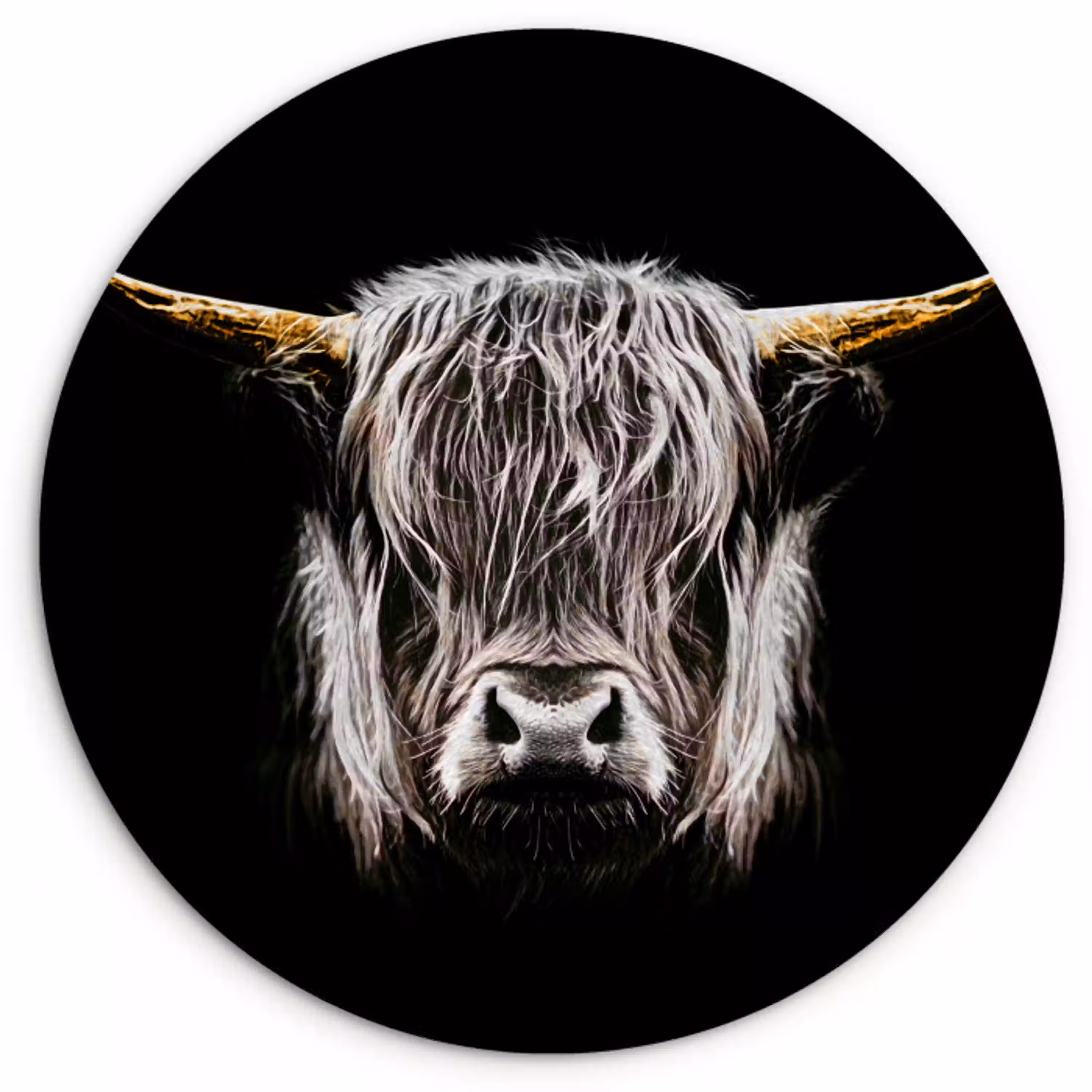 Schotse hooglander - Goud - Hoorns - Zwart wit - Koe - Dieren Wandcirkel kunststof plaat 5mm dik klein -3d