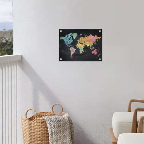 Wereldkaart - Krijtstrepen - Regenboog tuinposter los doek klein -sfeer8