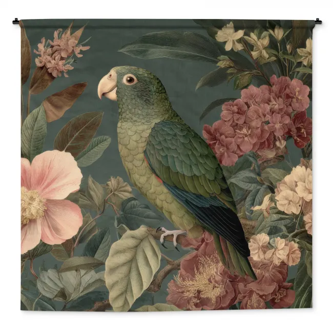 Wandkleed - Groene papegaai - Kleurrijke bloemen - Donkere achtergrond