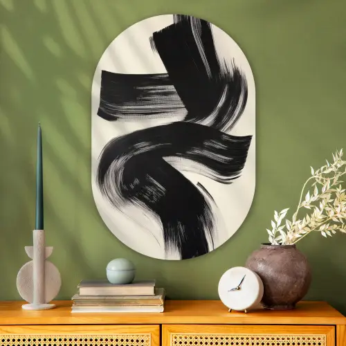 Strepen - Zwart - Abstract Wandcirkel Ovaal Glas middel -sfeer2