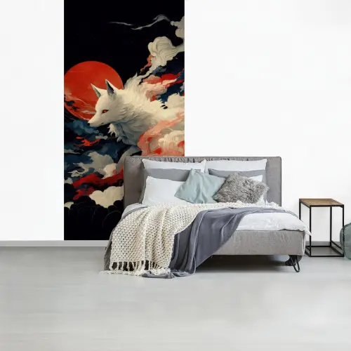 Witte vos - wolken - maan fotobehang vinyl groot -slaapkamer