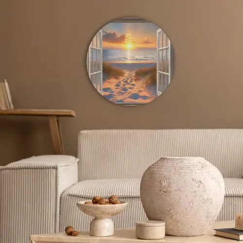 Doorkijk - Strand - Duinen - Zonsondergang Akoestische PET Vilt - Rond klein -sfeer1