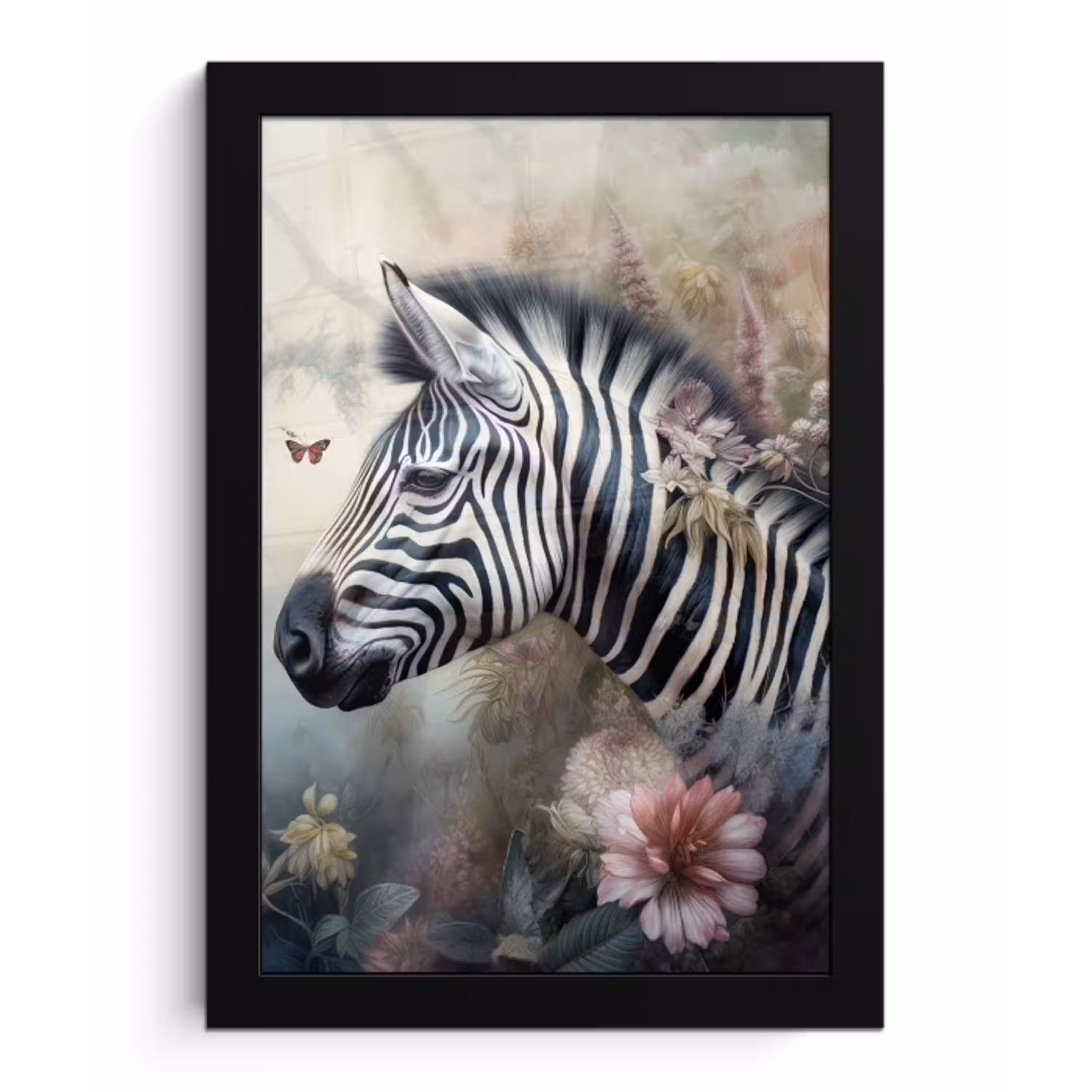 Zebra - Wilde dieren - Vlinder - Bloemen fotolijst zwart zonder passe partout klein -3d