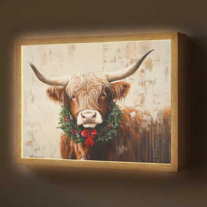Kerst - Schotse Hooglander - Bruin - Krans Light Box met batterij (Wandlamp) middel -z3d_website