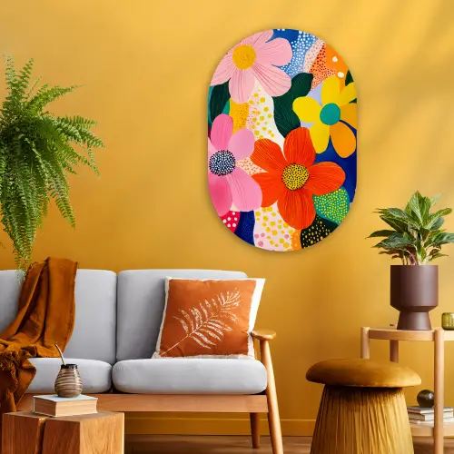 Bloemen - Kleurrijk - Stippen Wandcirkel Ovaal Glas middel -sfeer4