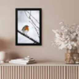 Roodborstje - Tak - Sneeuw - Winter - Levendig fotolijst zwart zonder passe partout klein -sfeer5