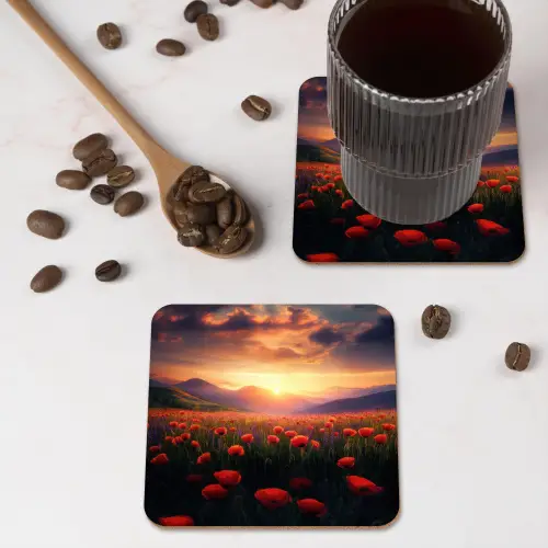Landschap - Zonsondergang - Bloemenveld onderzetter kurk middel -sfeer2