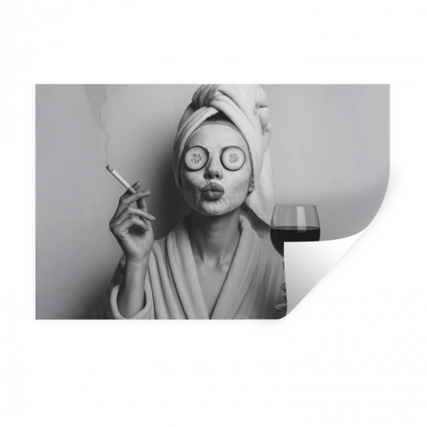 Vrouw - Masker - Wijn - Sigaret Muursticker klein -3d