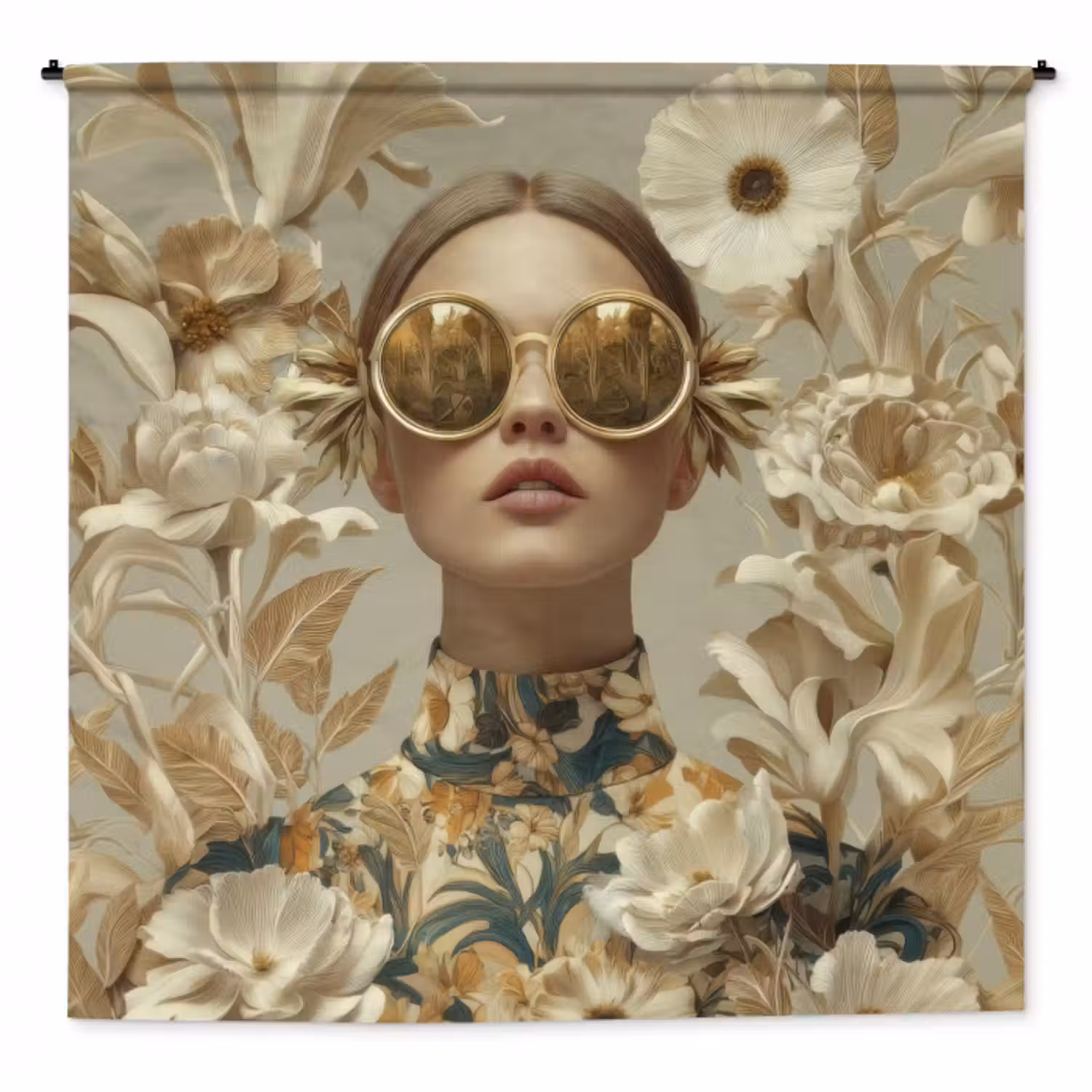 Wandkleed - Vrouw - Bloemen - Zonnebril - Wit