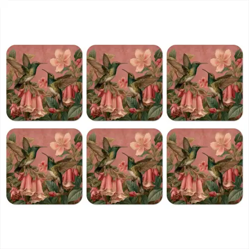 Kolibries - Bloemen - Groen - Roze onderzetter kurk middel -3d