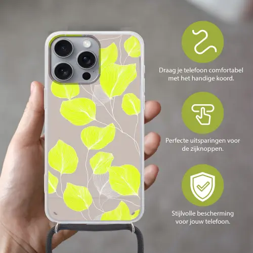 Bladeren - Neon - Geel - Lijnen Hoesje iPhone 16 Pro Max met koord klein -sfeer2_NL