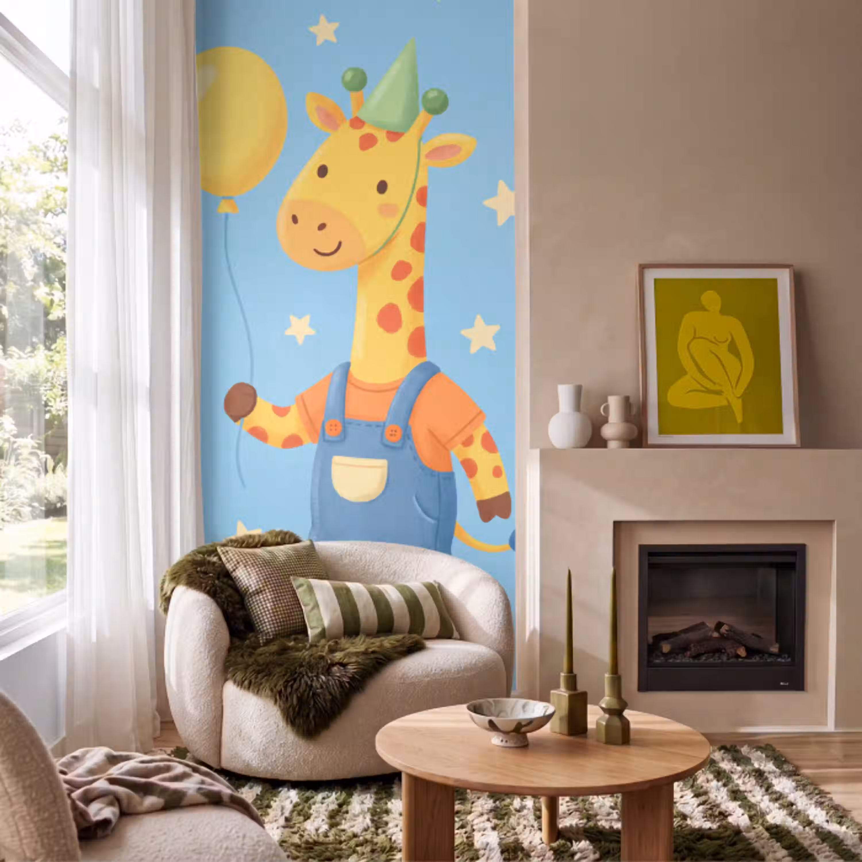 Dieren - Giraffe - Ballon - Feest - Kinderkamer Behang Vlies klein -sfeer2
