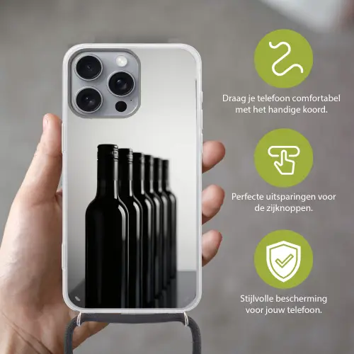 Wijnflessen - Zwart - Minimalistisch Hoesje iPhone 16 Pro Max met koord klein -sfeer2_NL