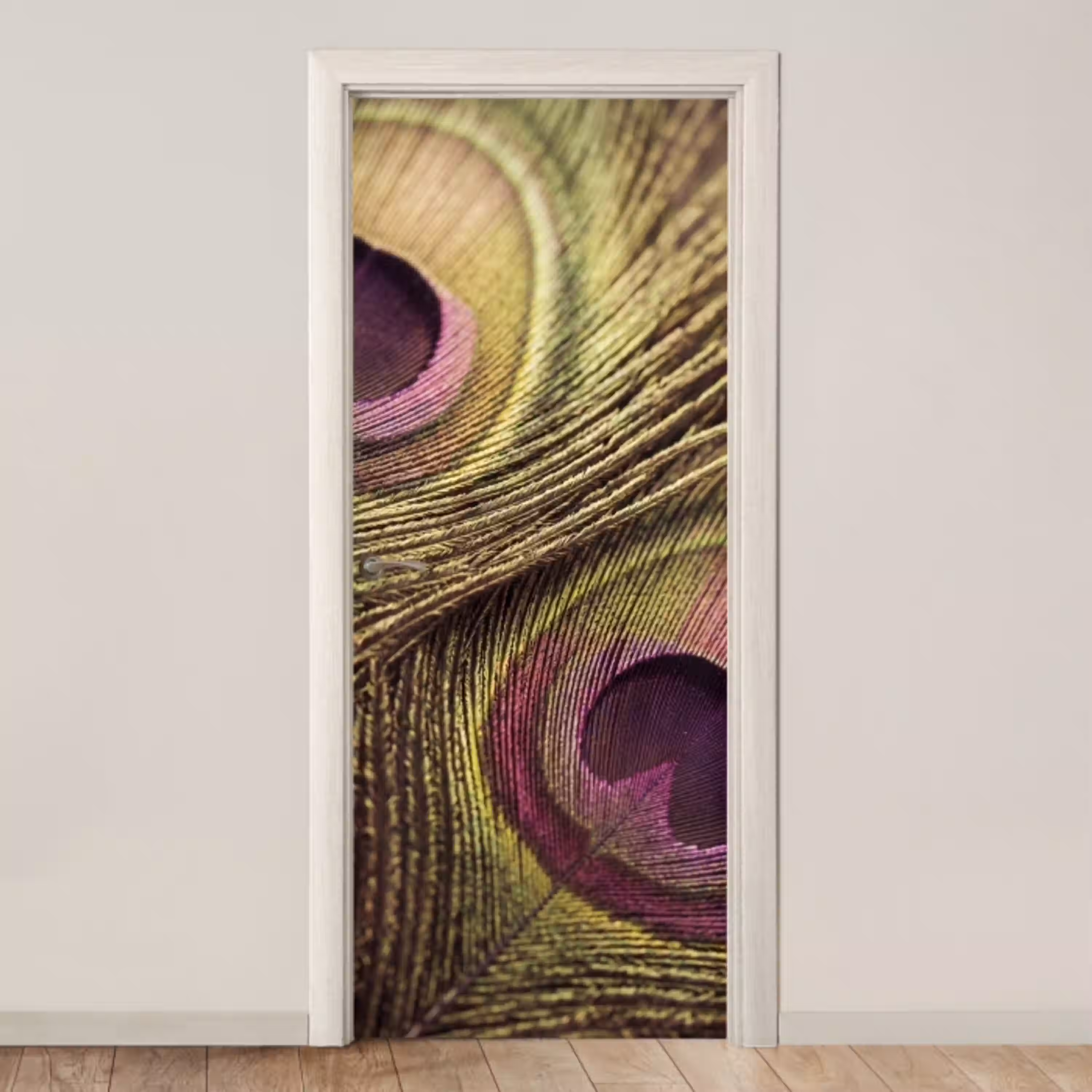 Pauw - Veren - Paars - Groen deurposter klein -3d_beige