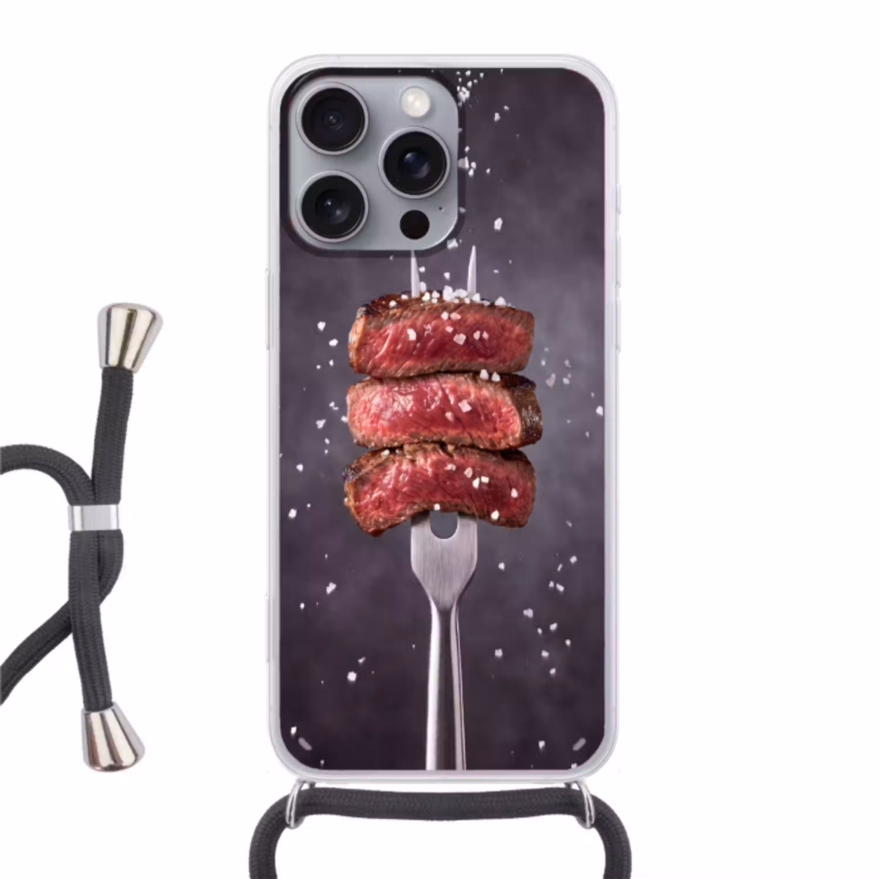 Eten - Vlees - Zout Hoesje iPhone 16 Pro Max met koord klein -3d