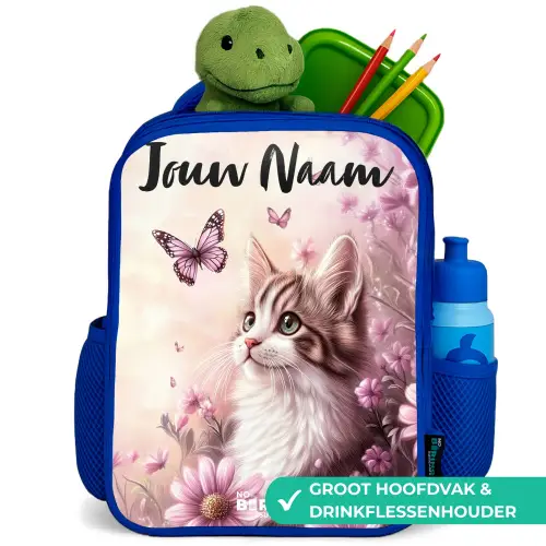 Kitten - Vlinders - Paars - Bloemen Kinderrugzak - Blauw middel -inhoud_NL