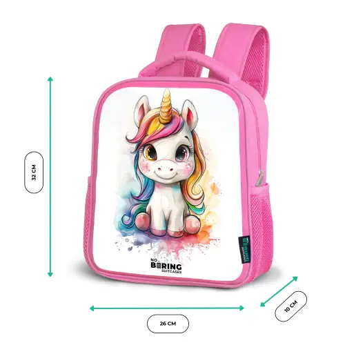 Witte Eemhoorn met Kleurrijke Manen en Verfspatten Kinderrugzak - Roze middel -productfoto_formaten