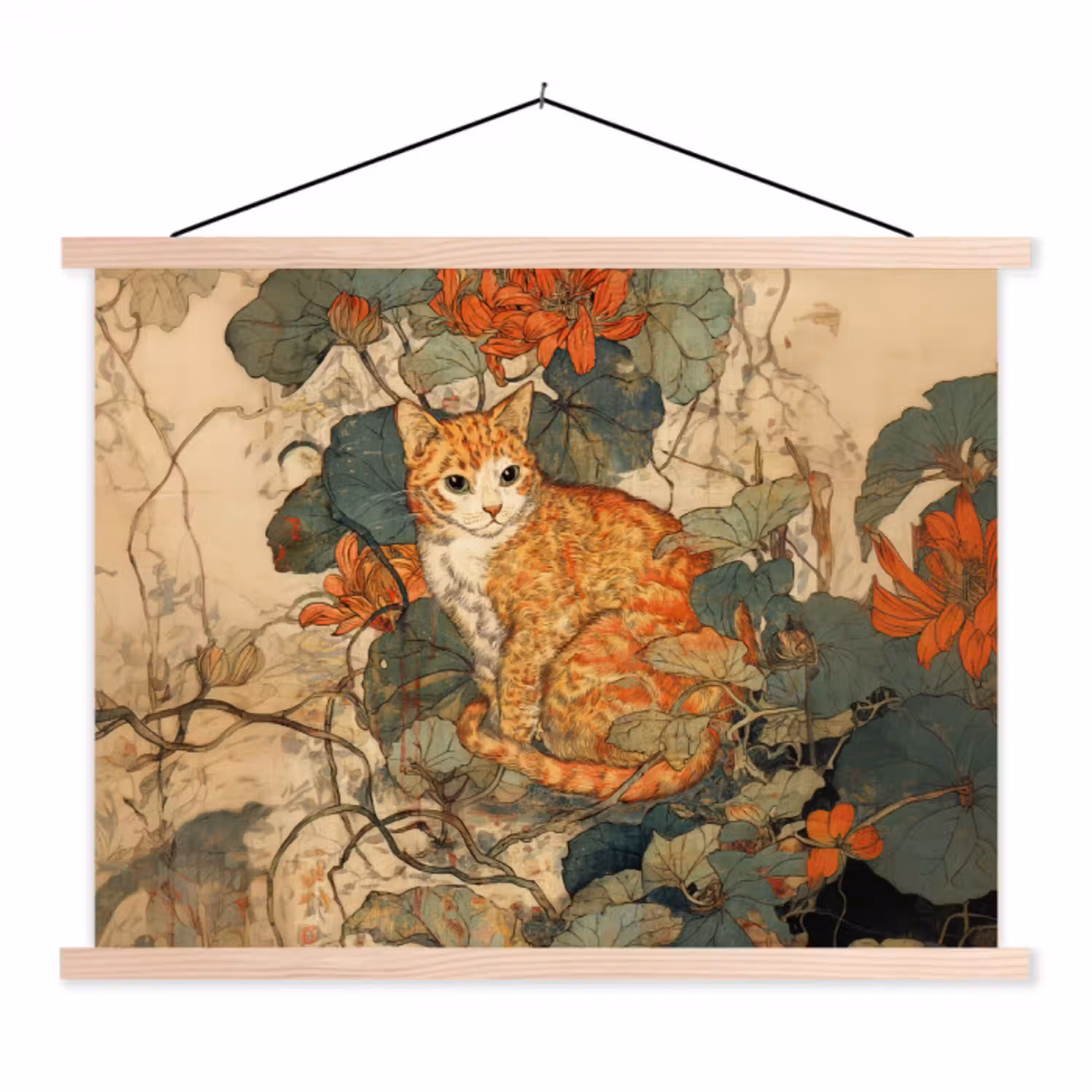 Kat - Sierlijk - Bloemen textielposter latten blank klein -3d