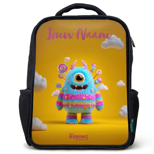 Rugzak kind met naam - Zwart - Snoep - Monster - Regenboog
