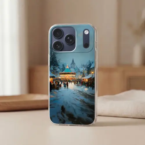 Winterkermis - Dorp - Kleurrijk Telefoonhoesje iPhone 17 Pro klein -sfeer2