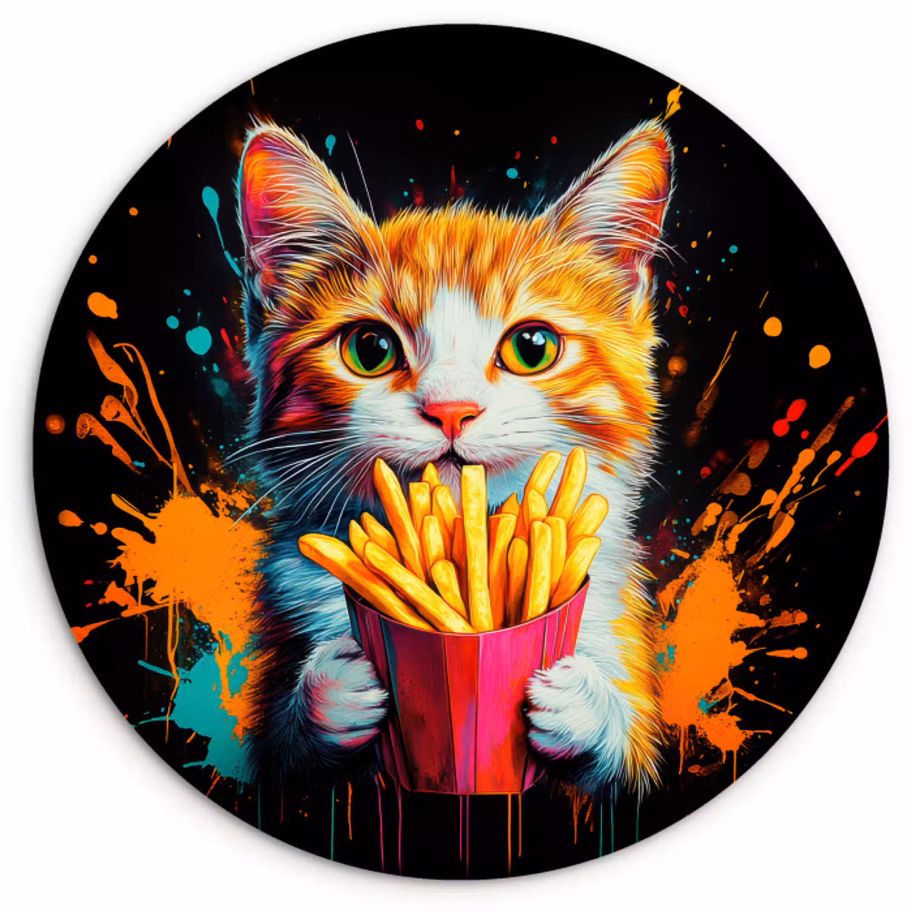 Kat - Eten - Patat - Graffiti - Abstract Wandcirkel kunststof plaat 5mm dik klein -3d