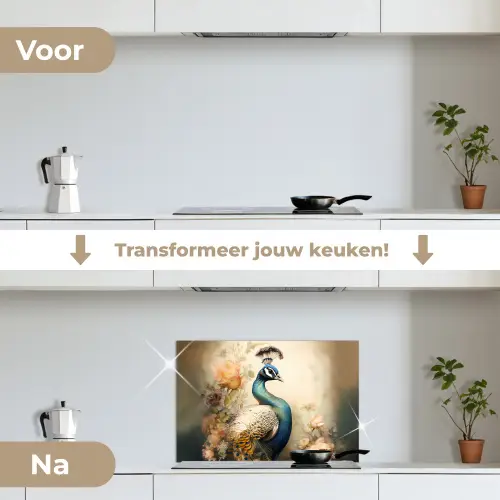 Pauw - Pauwenveren - Bloemen - Vogels - Botanisch keuken achterwand spatscherm klein -voor_na_NL