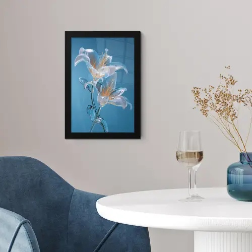 Lelies - Blauw - Glazen fotolijst zwart zonder passe partout klein -sfeer4
