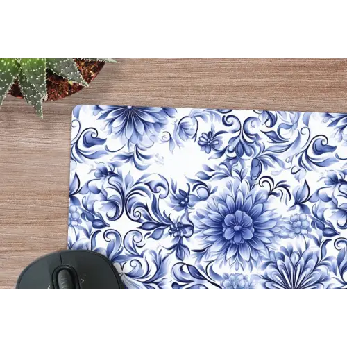 Bloemen - Blauw - Patroon - Wit muismat rubber klein 262 -closeup
